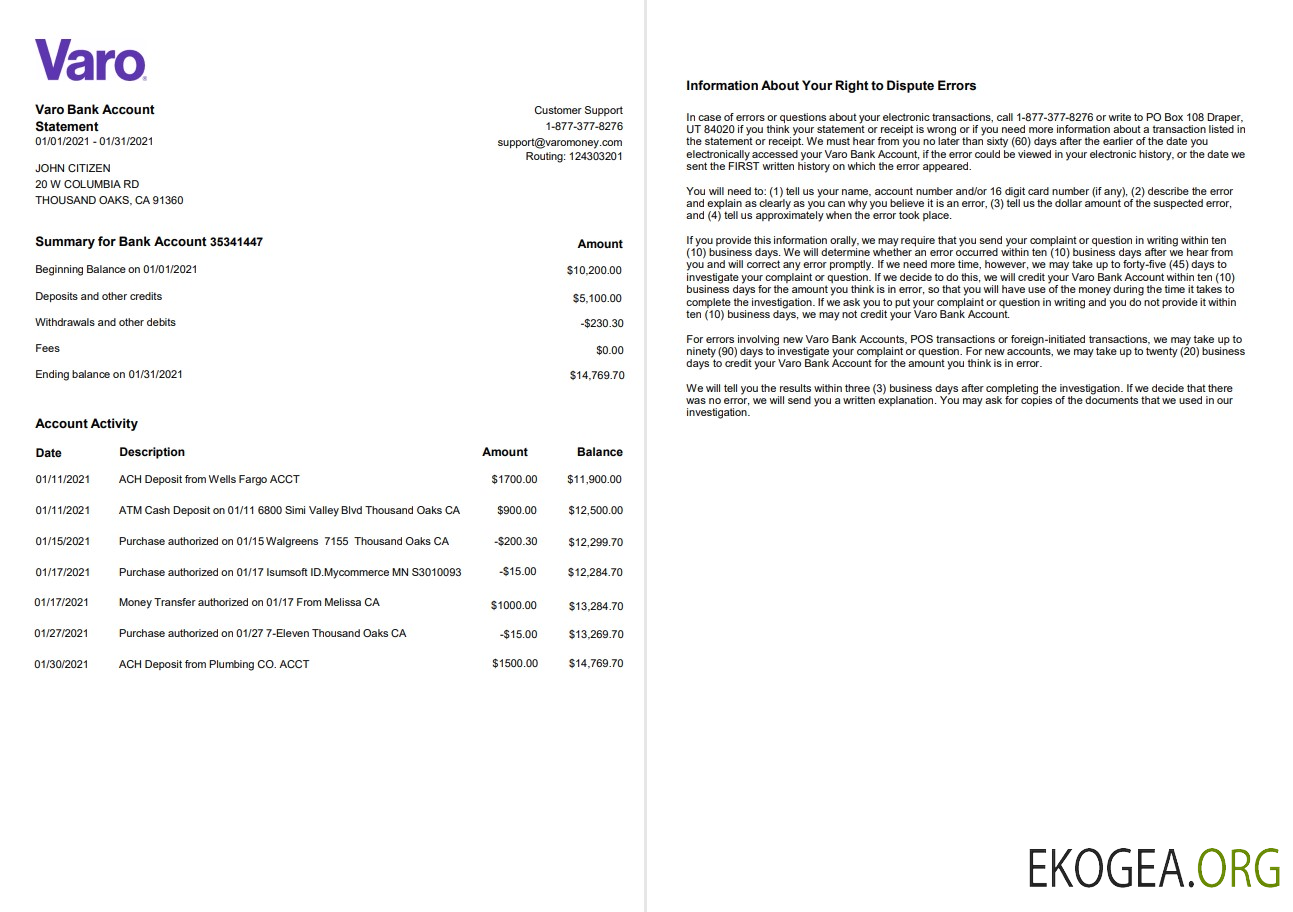 Modèle de relevé bancaire USA California Varo au format Word et PDF, 2 pages